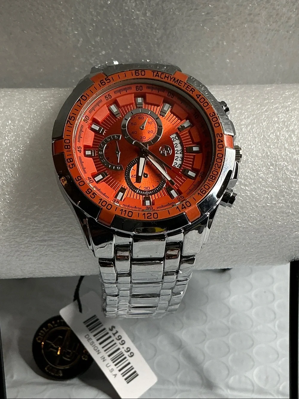 Men's Stainless Steel Chronograph Watch with Orange Dial